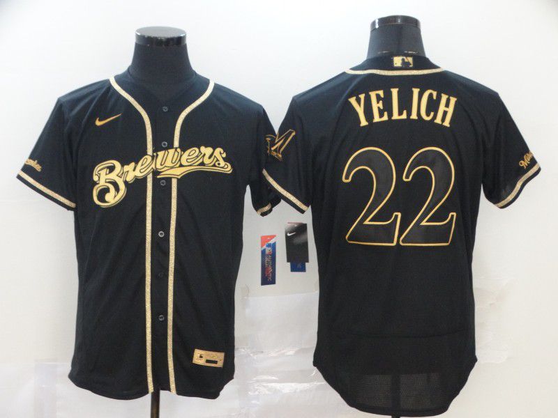 Men Milwaukee Brewers #22 Yelich Black Retro gold character Nike MLB Jerseys
